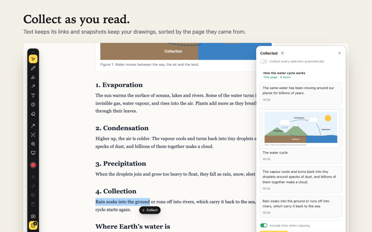 Collected text and a snapshot in Annota's tray, sorted by page